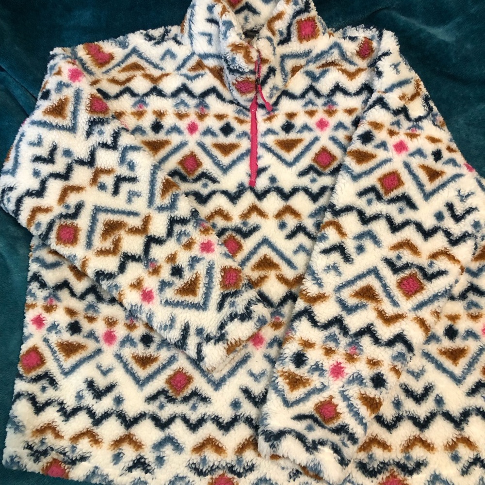 Eddie Bauer Cream Fleece Pullover with Navy, Brown & Pink Pattern